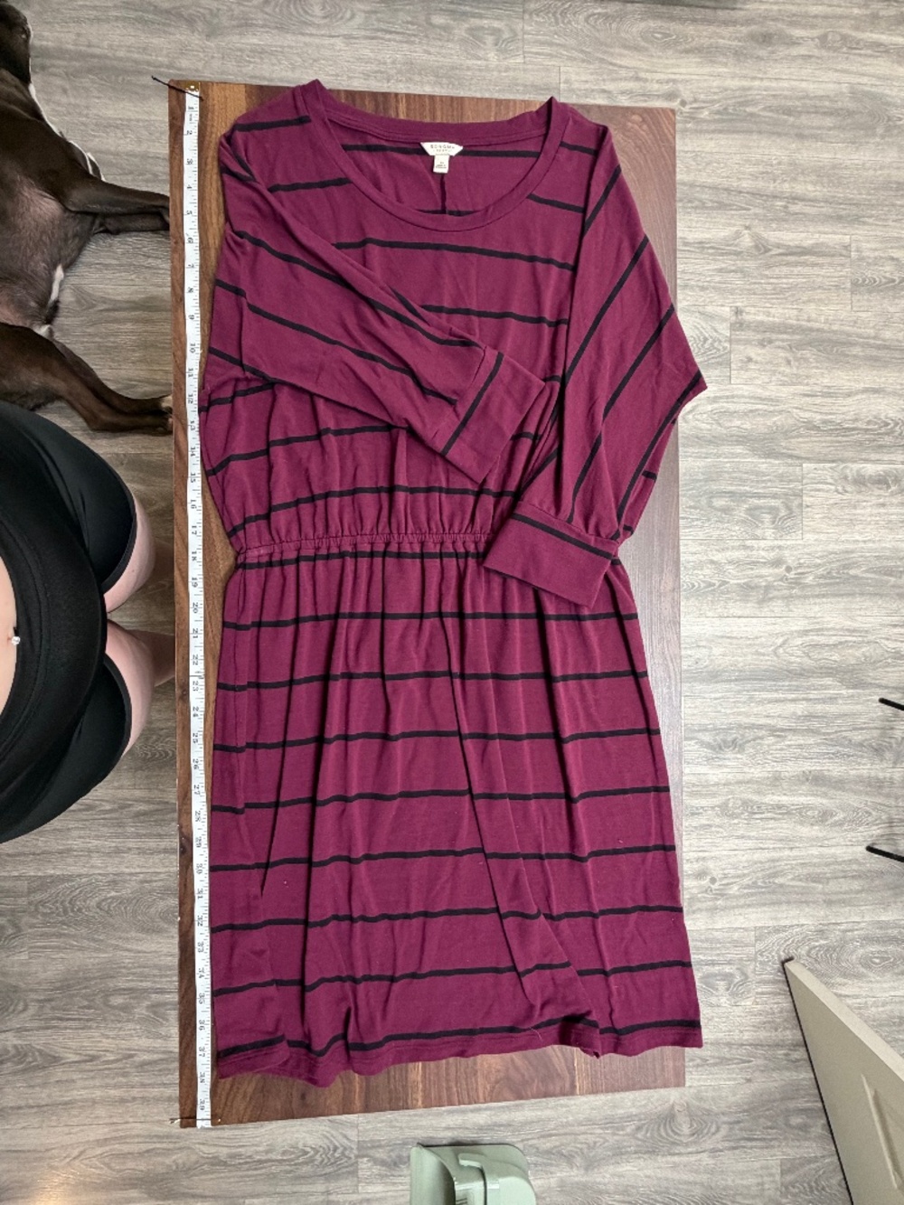 Sonoma Crew Neck Maroon Quarter Sleeve Midi Dress with Black Stripes